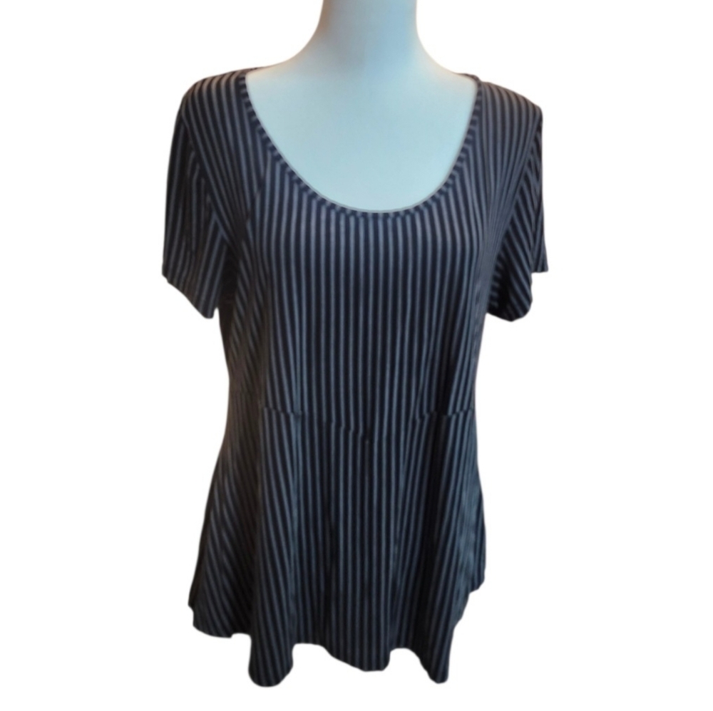 Blue Sky, Bamboo Blend, Black and Gray Striped Scoop Neck Women’s Top